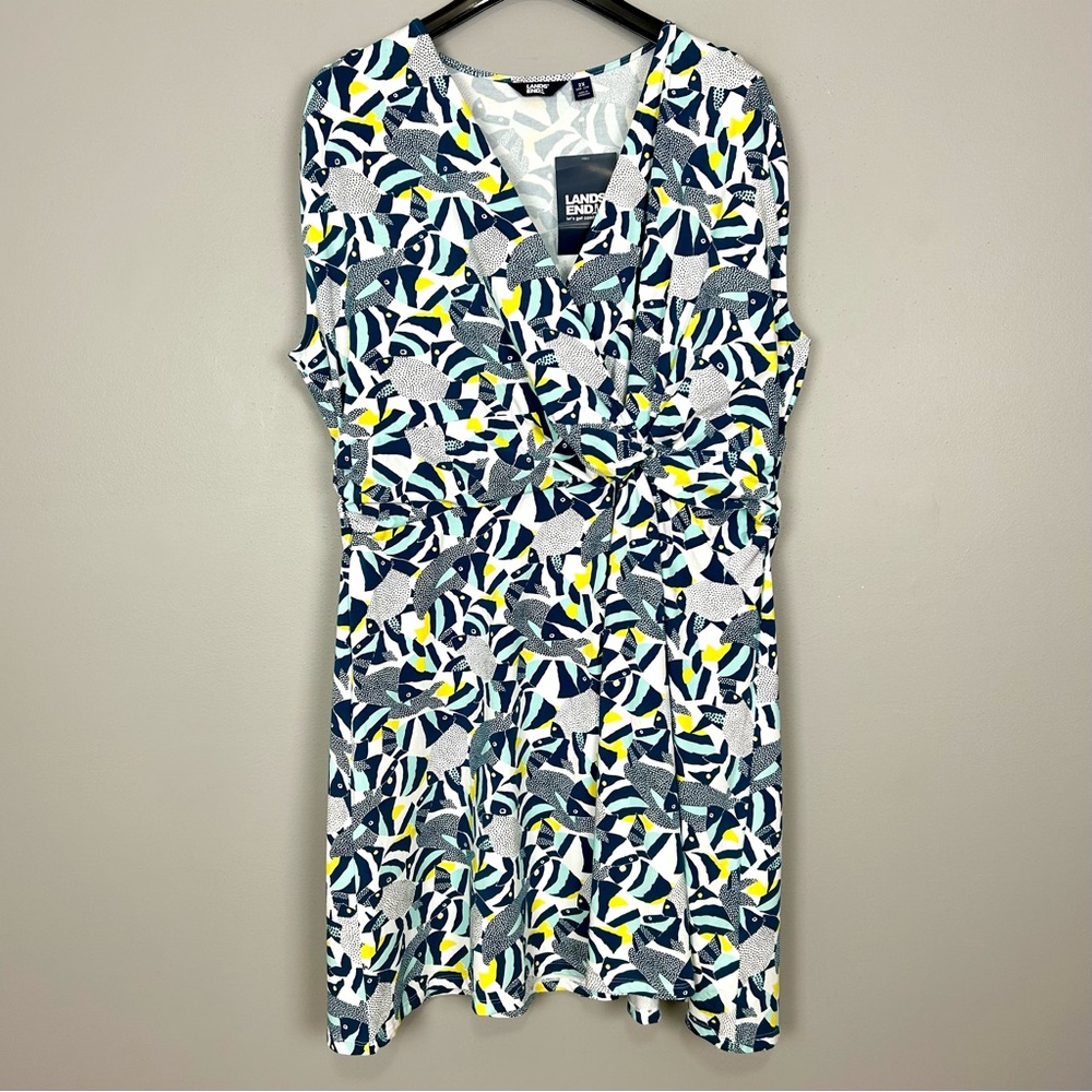 Lands End Jersey Knit Dress Women’s Size 2X Faux Wrap Midi Fish Print Beach